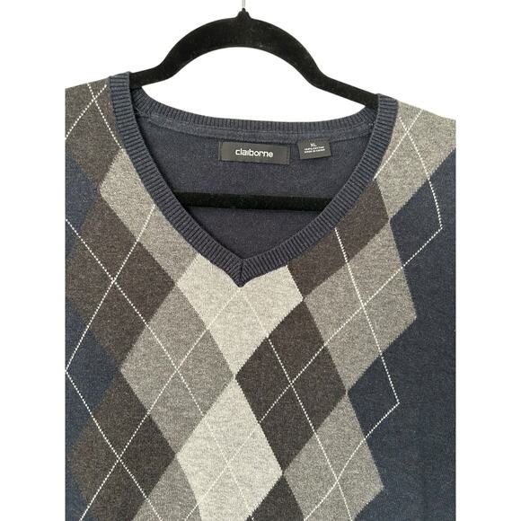 Claiborne Shirt Men's XL Argyle Diamond V-Neck 100% Cotton Long Sleeve Sweater - Picture 2 of 10